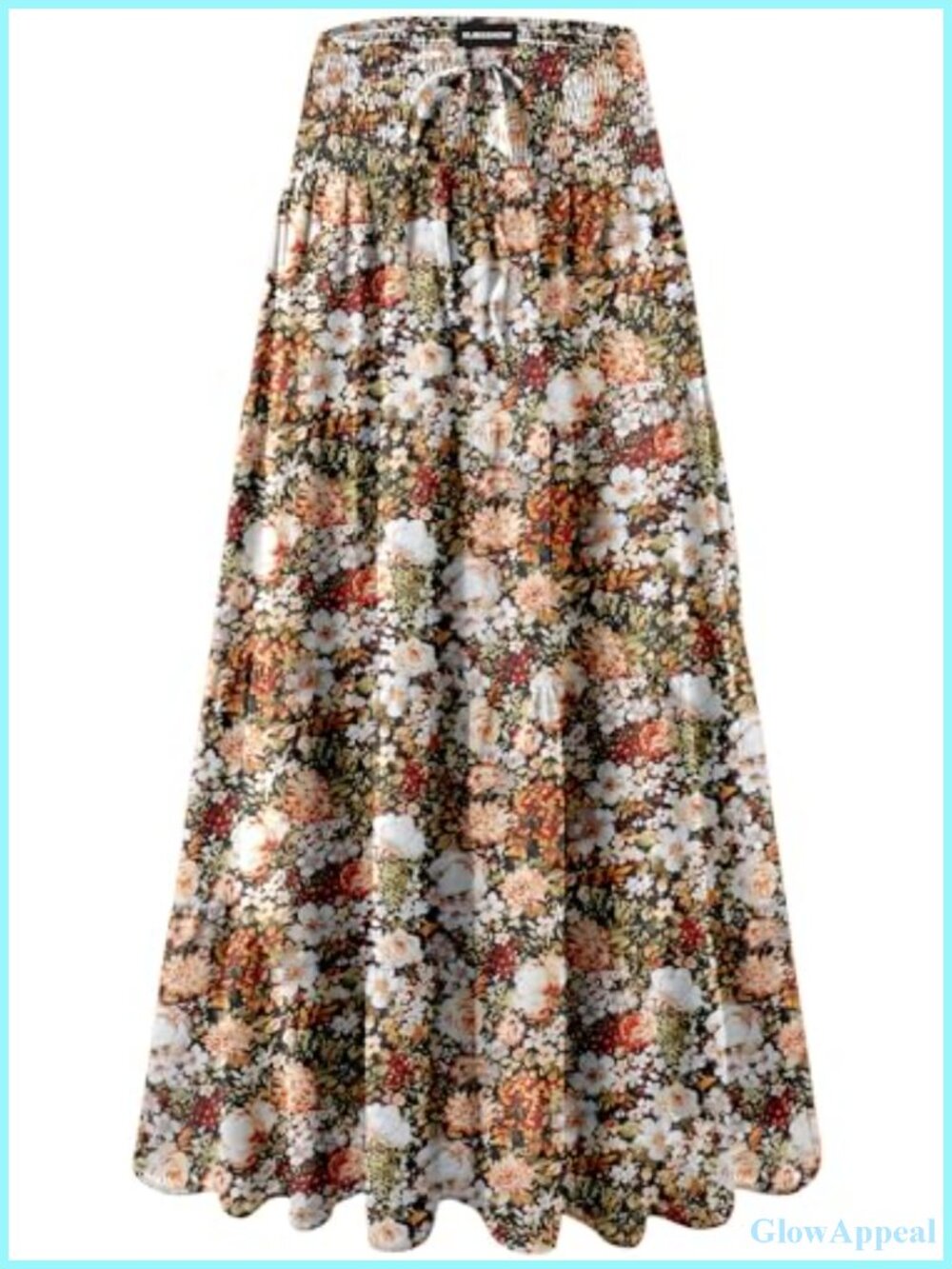 Boho Floral Maxi Skirt High Waist Pleated Ruffle Long Skirt with Drawstring
